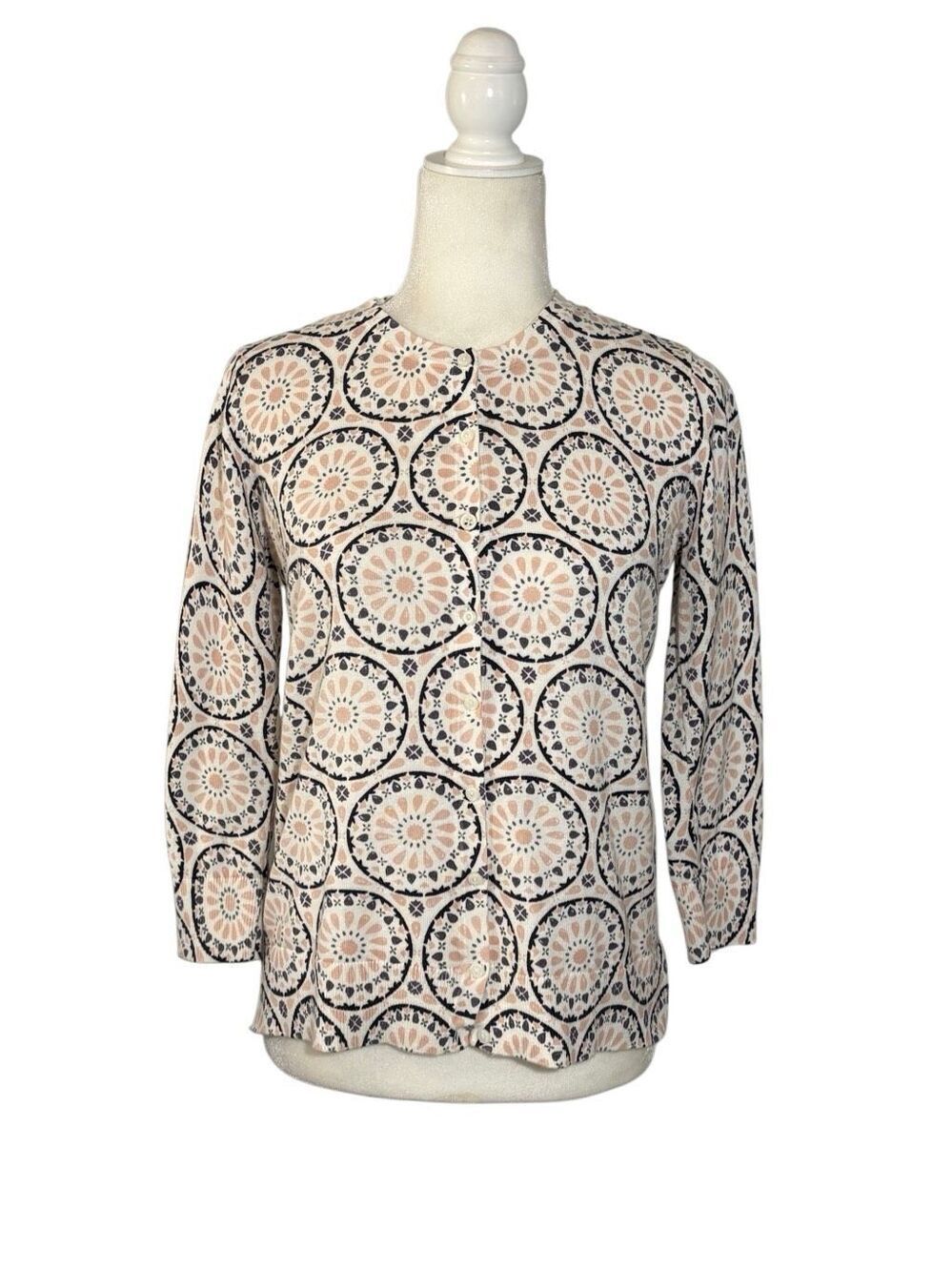 LOFT 100% cotton white 3/4 sleeve cardigan sweater with black and rose medallion